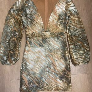 WOW Couture Size S/M Metallic Burnout Mini Dress Long Sleeve Party Cocktai